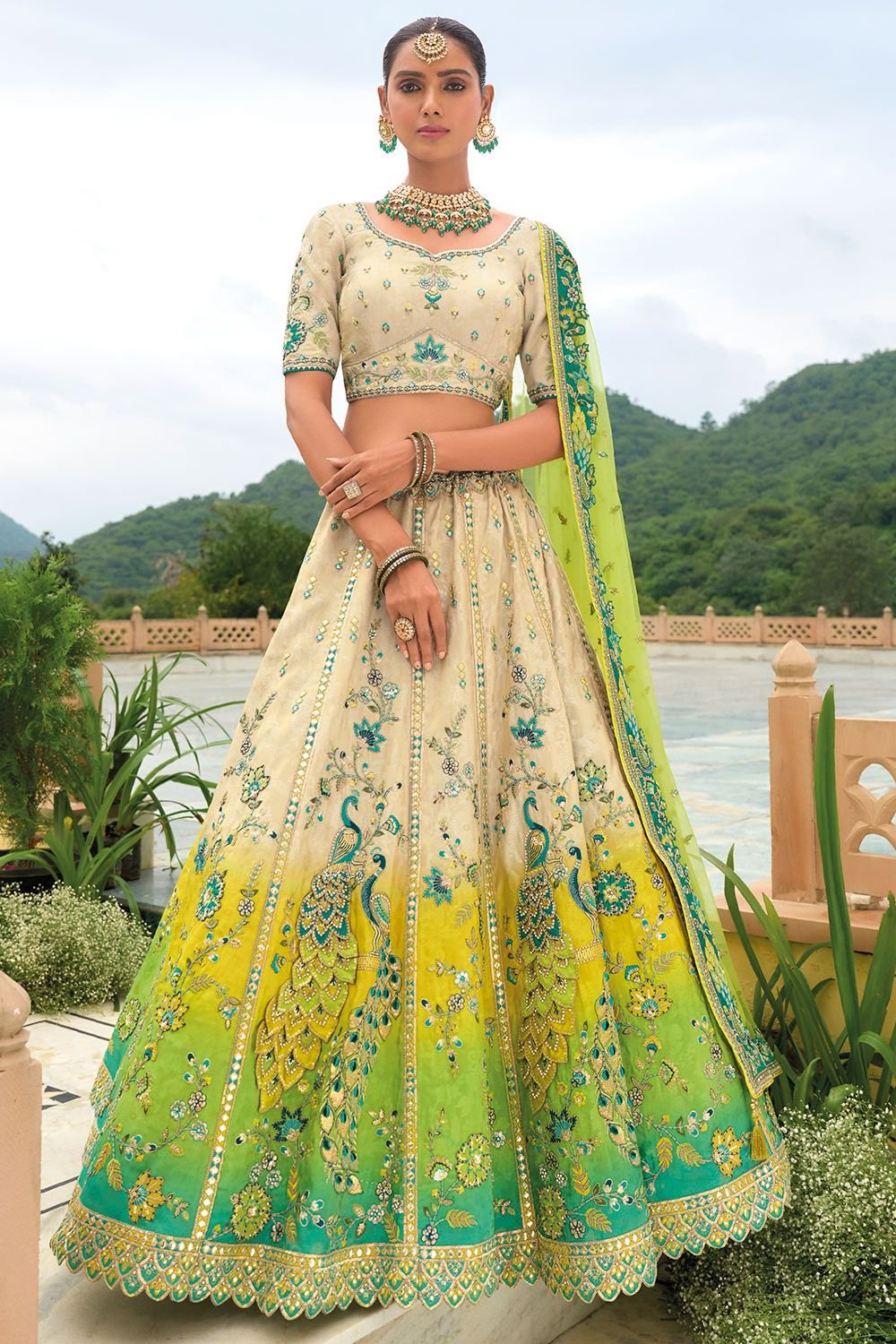 Green Bridal Sangeet Silk Lehenga Choli Set SFSJDN25212