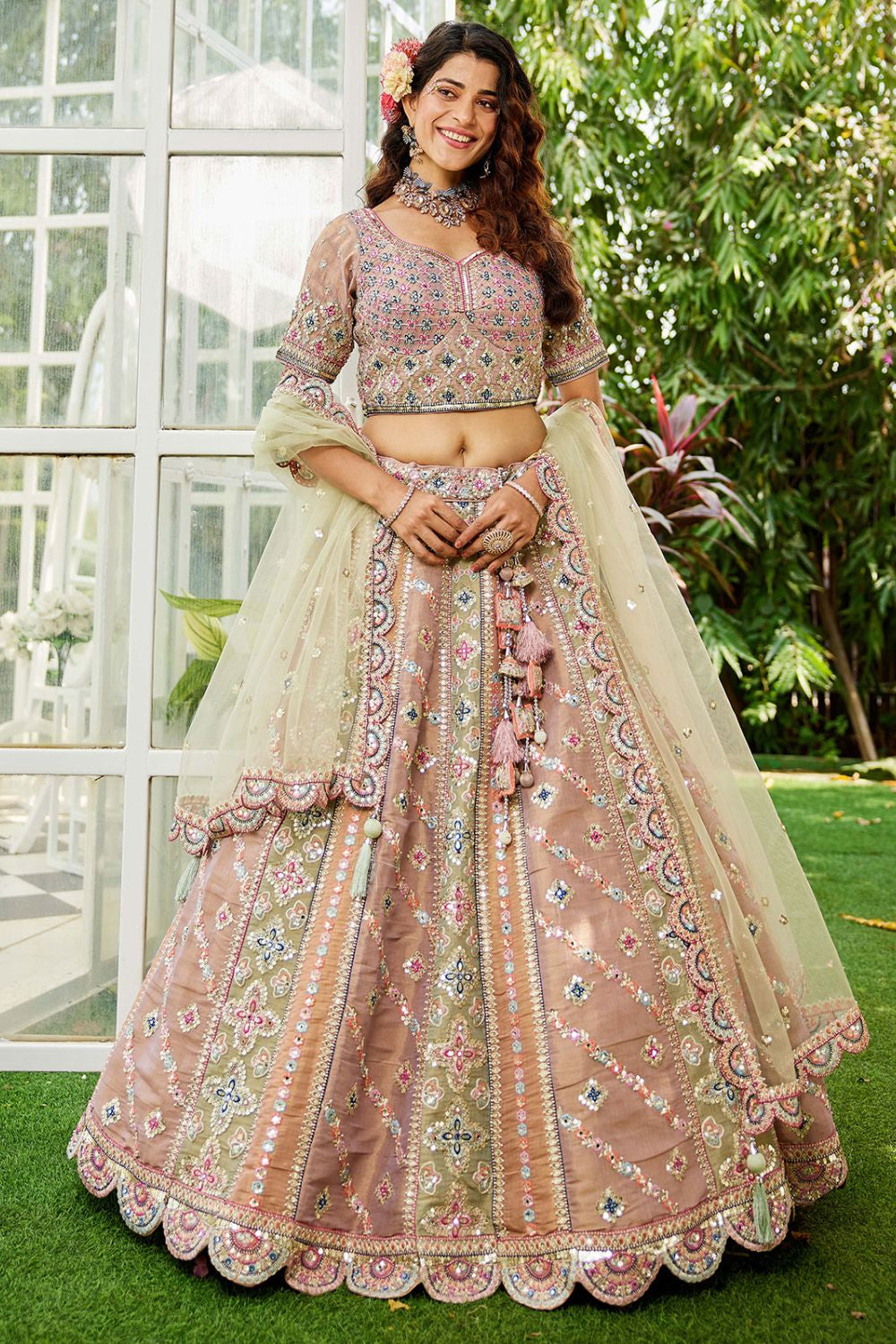 Peach Net Bridal Wedding Designer Lehenga Set SFROY509103