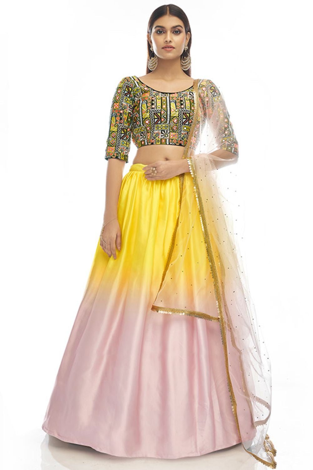 Yellow Satin Georgette Lehenga Choli For Wedding Party SFARY14412