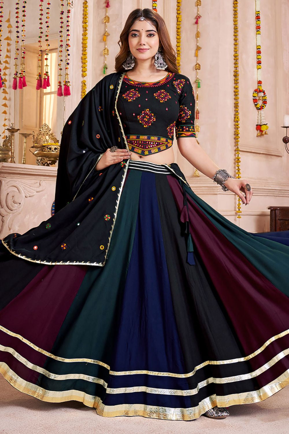 Black Viscose Cotton Navratri Chaniya Cholis SFKHU20601