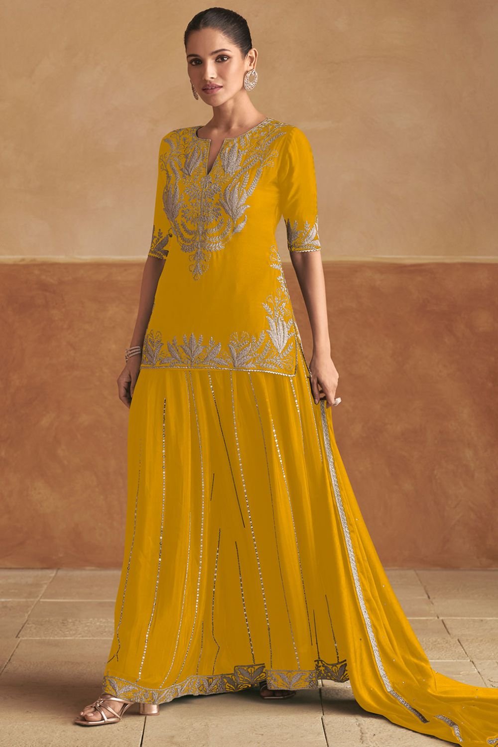 Yellow Sangeet Party Lehenga Choli Set In Chinnon SFSMT40704