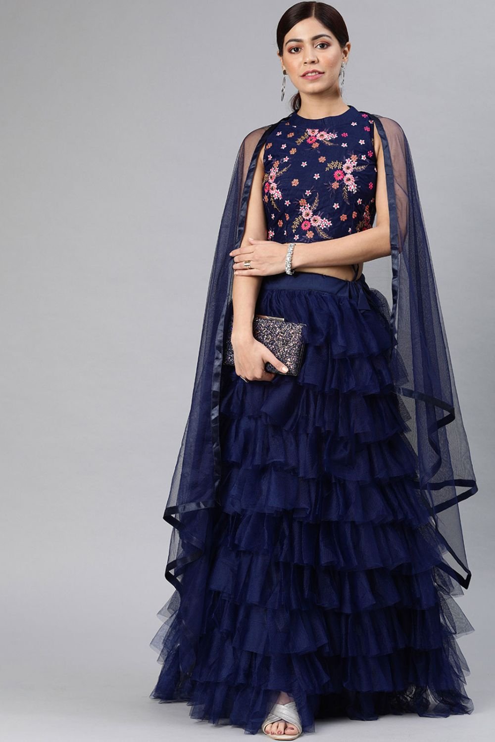 Blue Net Ruffle Partywear Lehenga Choli SFROY505702