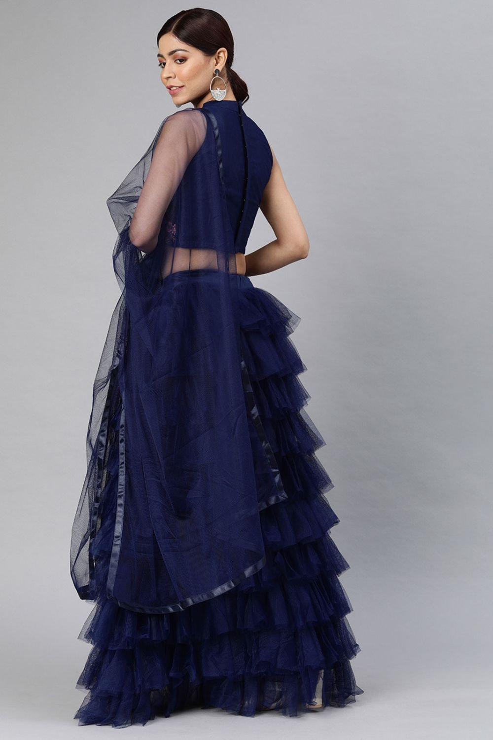 Blue Net Ruffle Partywear Lehenga Choli SFROY505702