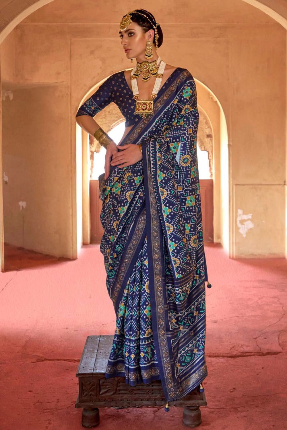 Blue Silk Saree Blouse Patola Design SFSJDN31101