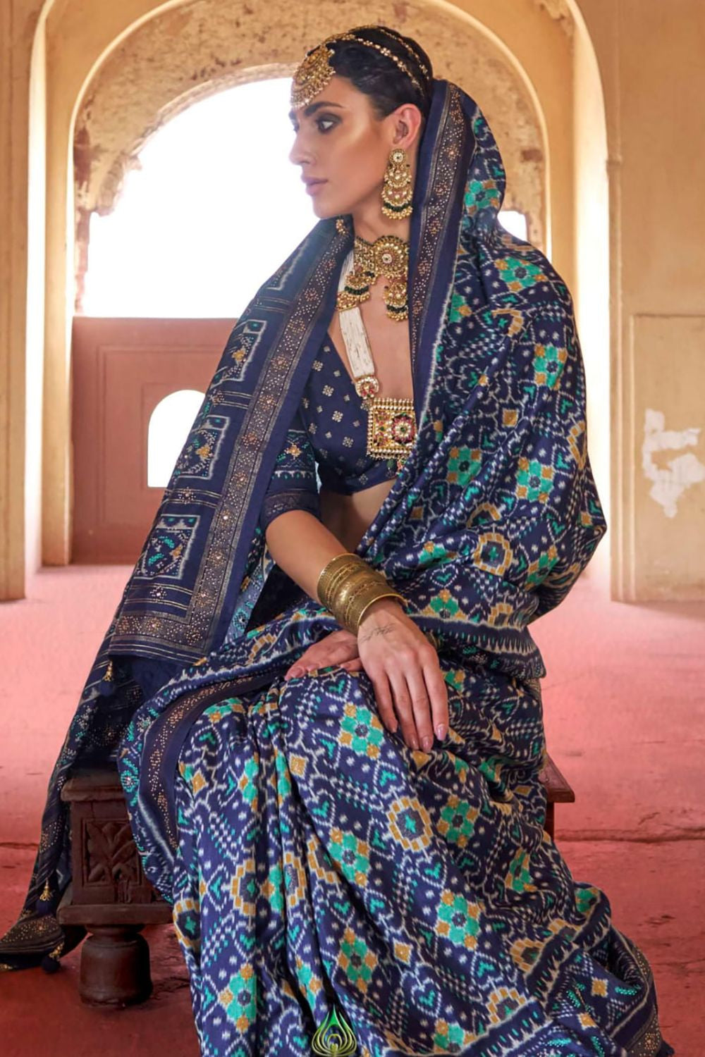 Blue Silk Saree Blouse Patola Design SFSJDN31101