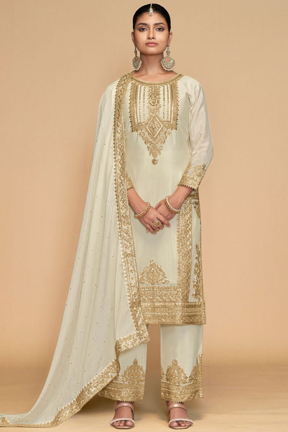 Off White Chinnon Embroidery Work Salwar Kameez SFSMT33902R