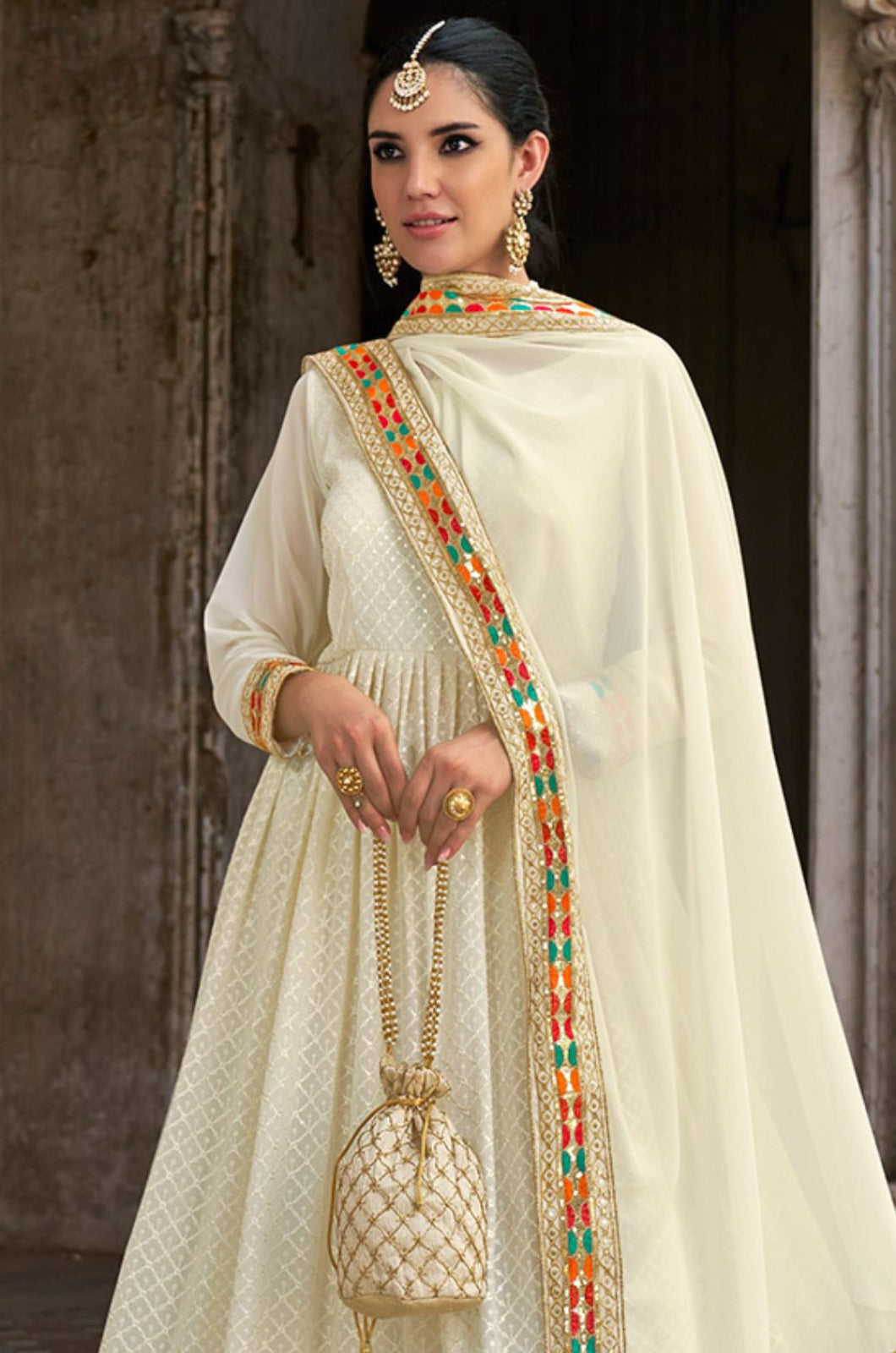 Off White Georgette Long Anarkali Gown Embroidered Lace Work SFSA332502