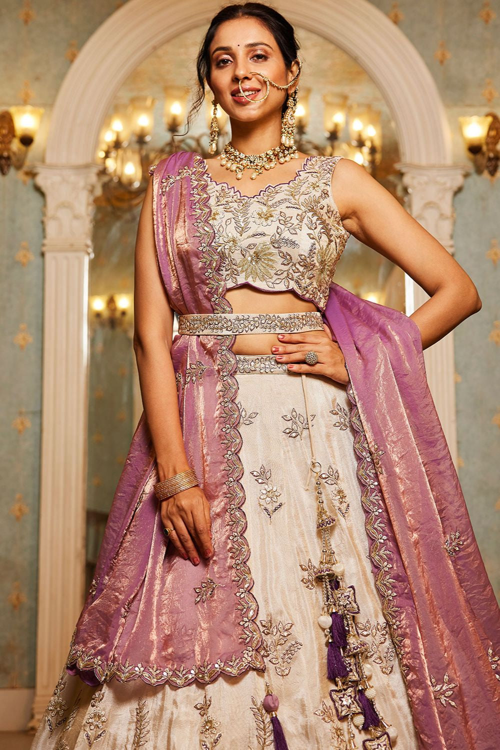 Off White Bridal Reception Party Viscose Silk Lehenga Choli SFSA495202