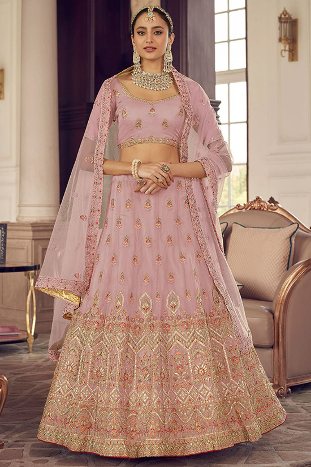 Pink Elite Bridal Sangeet Lehenga Choli In Organza SFARY11914