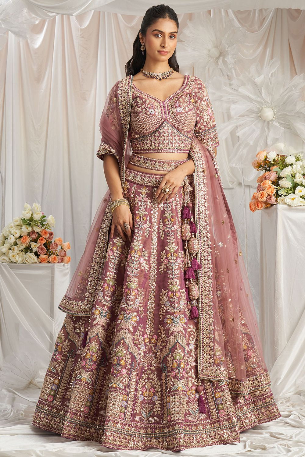 Pink Tissue Bridal Reception Party Lehenga Choli SFSA495301