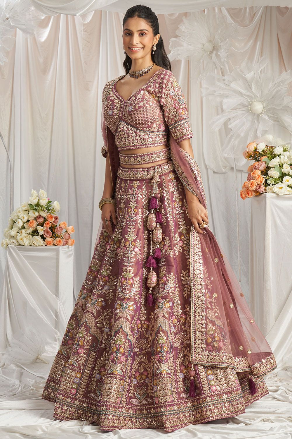 Pink Tissue Bridal Reception Party Lehenga Choli SFSA495301