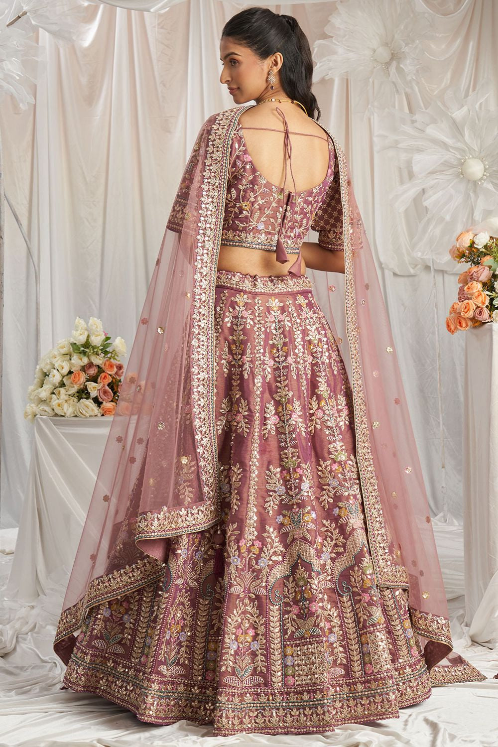 Pink Tissue Bridal Reception Party Lehenga Choli SFSA495301