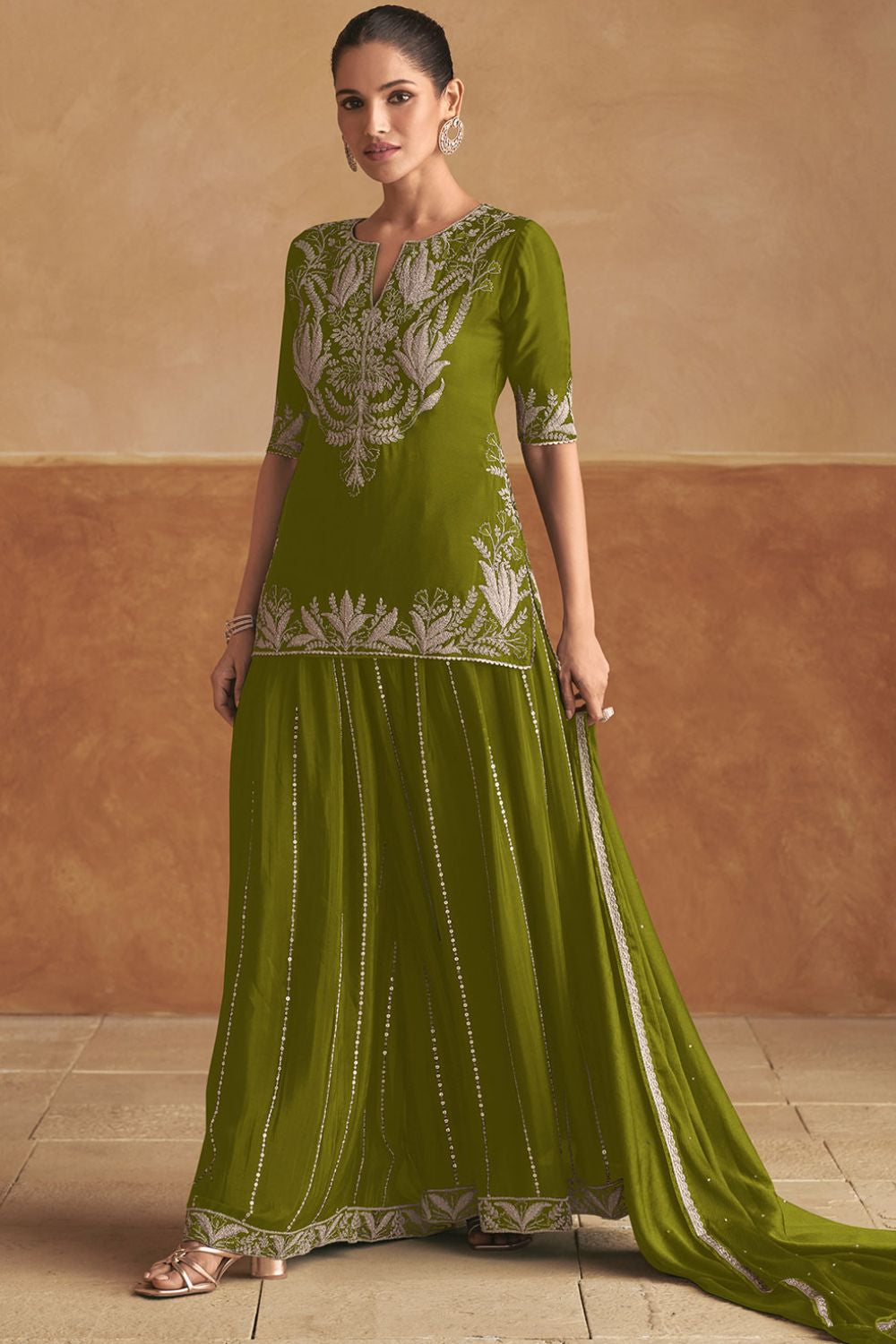 Green Sangeet Party Lehenga Choli Set In Chinnon SFSMT40702