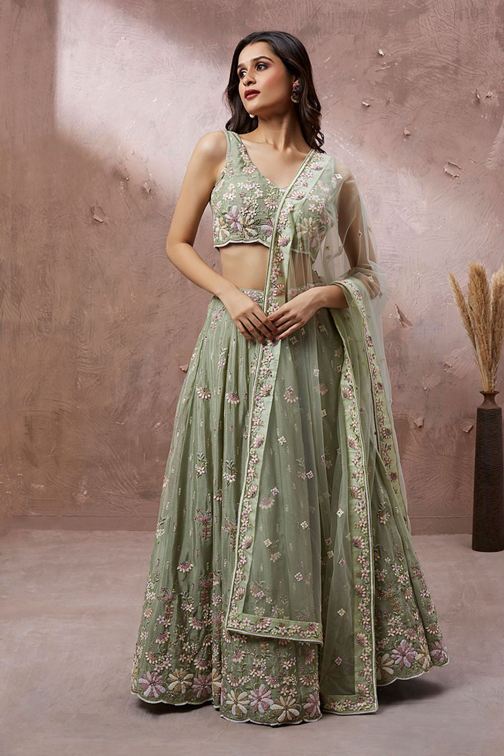 Green Georgette Cocktail Evening Lehenga Choli SFROY522405