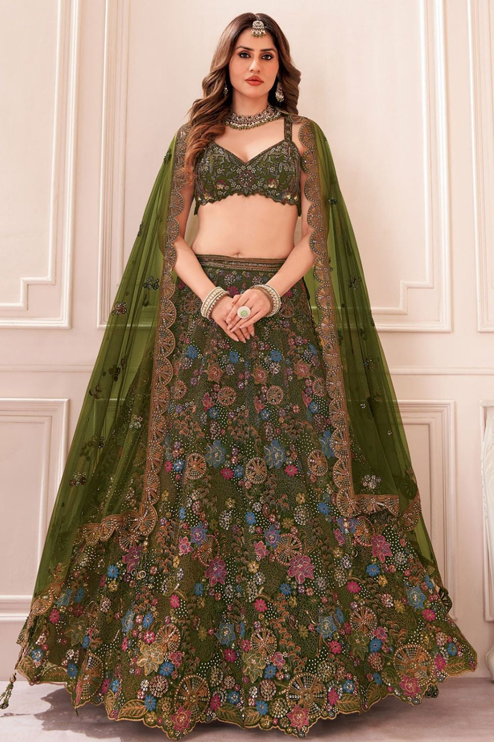 Green Silk Bridal Sangeet Lehenga Choli SFSBL1501R