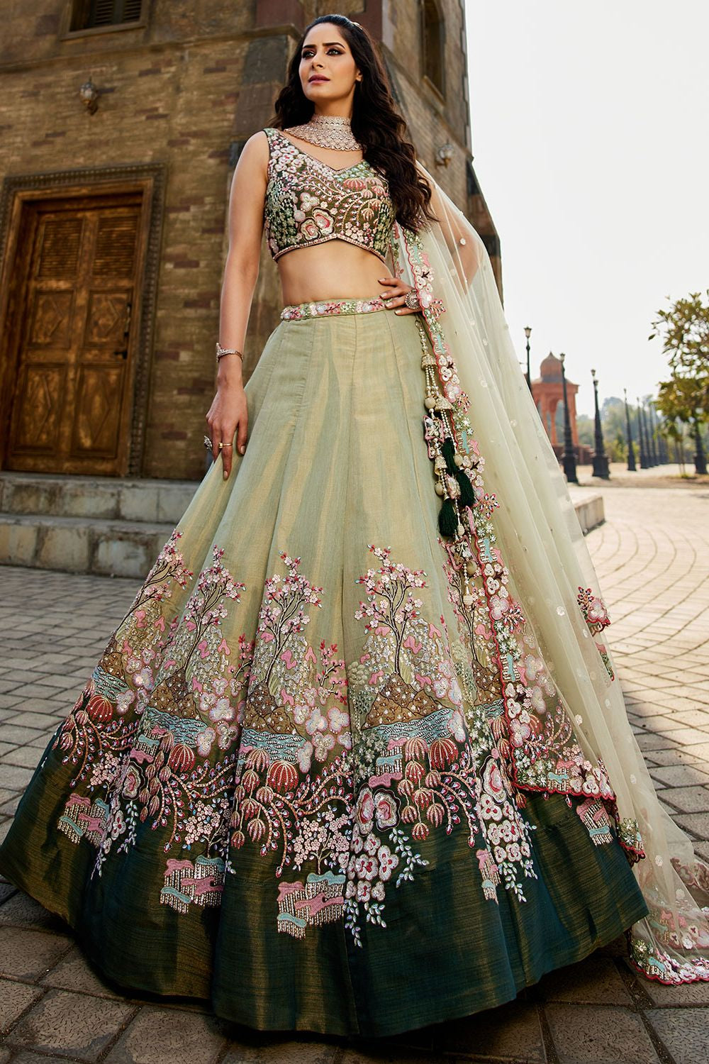Green Net Wedding Cocktail Lehenga Choli SFROY518802