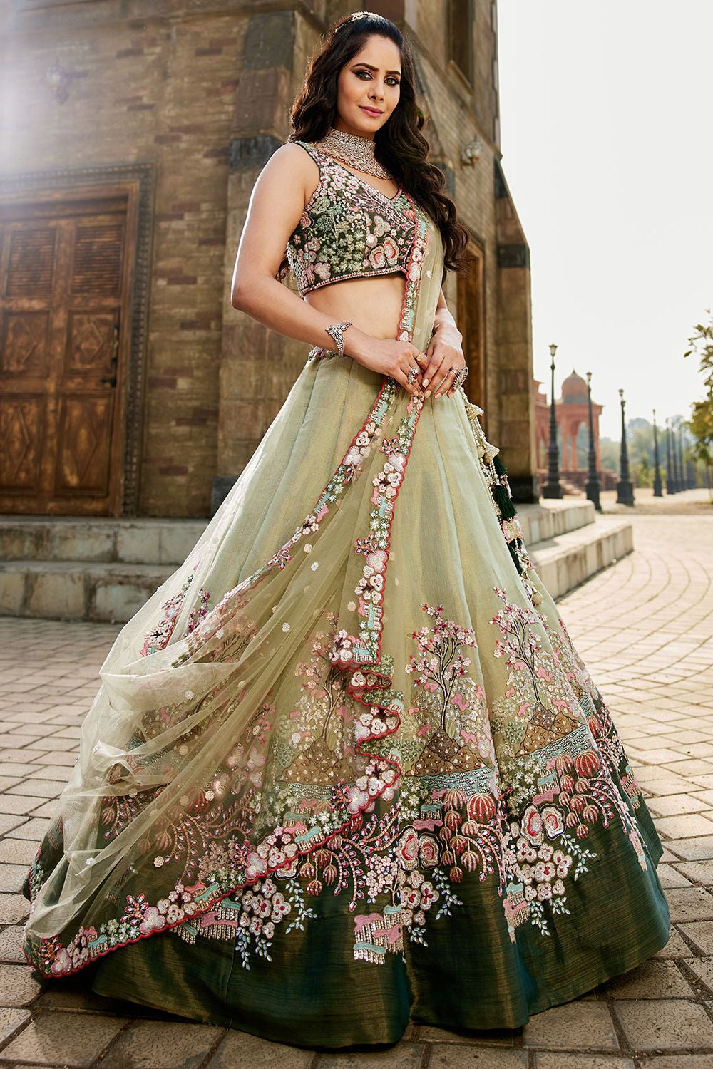Green Net Wedding Cocktail Lehenga Choli SFROY518802