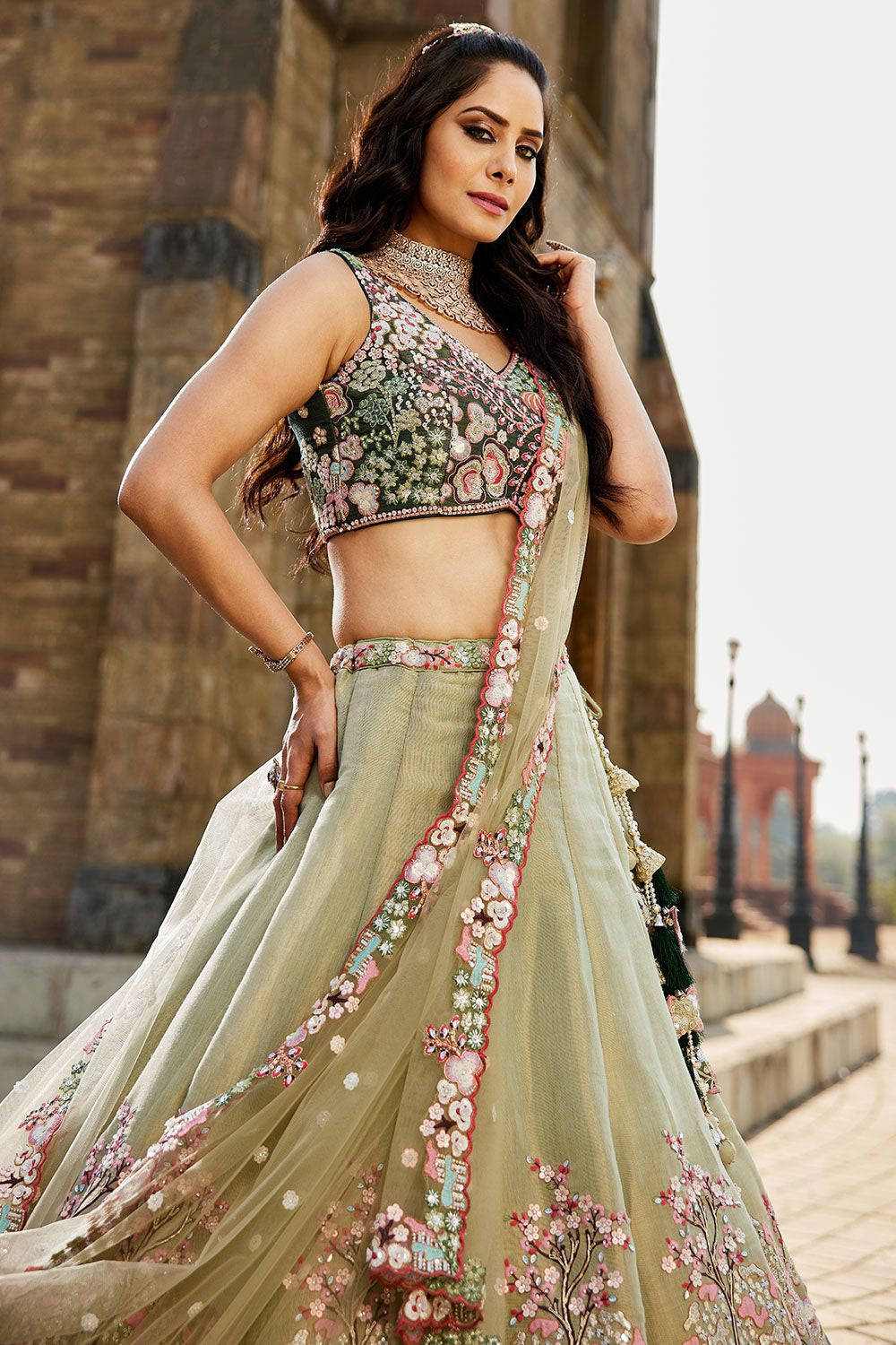 Green Net Wedding Cocktail Lehenga Choli SFROY518802