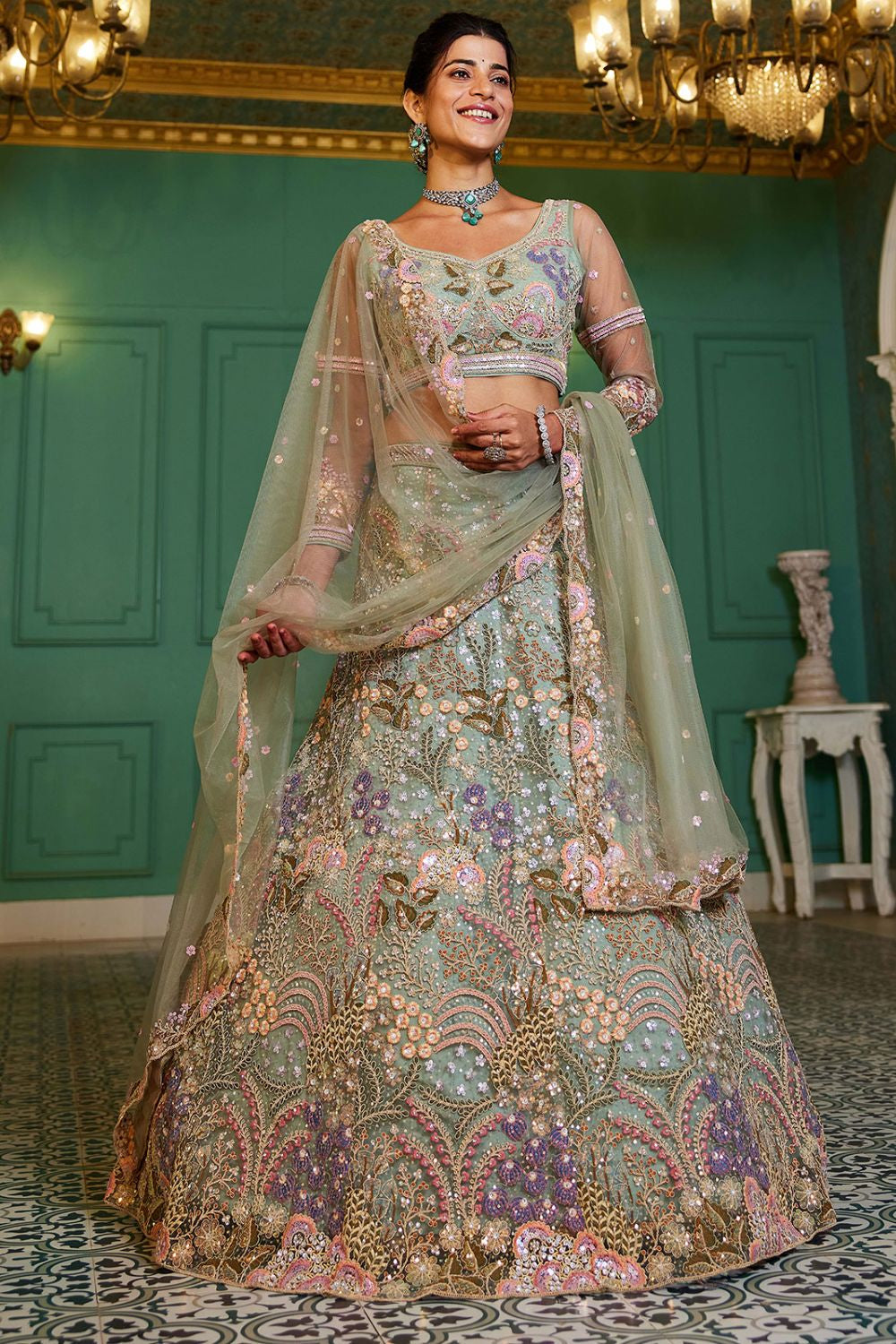 Green Net Bridal Wedding Designer Lehenga Set SFROY509109