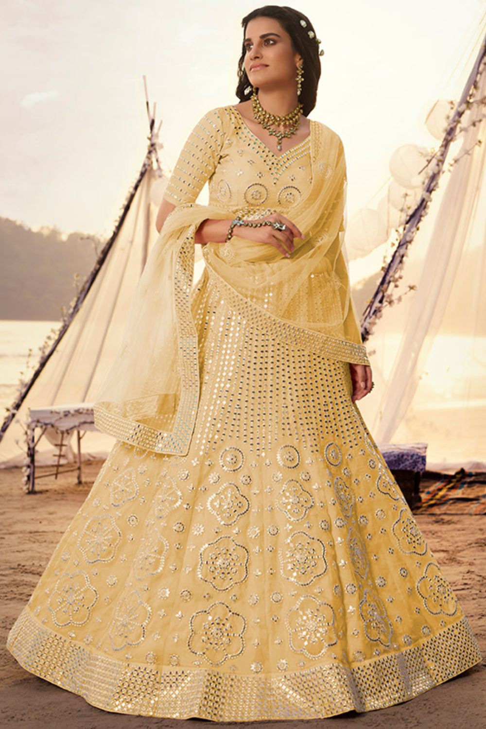 Yellow Haldi Organza Partywear Lehenga Choli Foil Mirror Work SFARY8015
