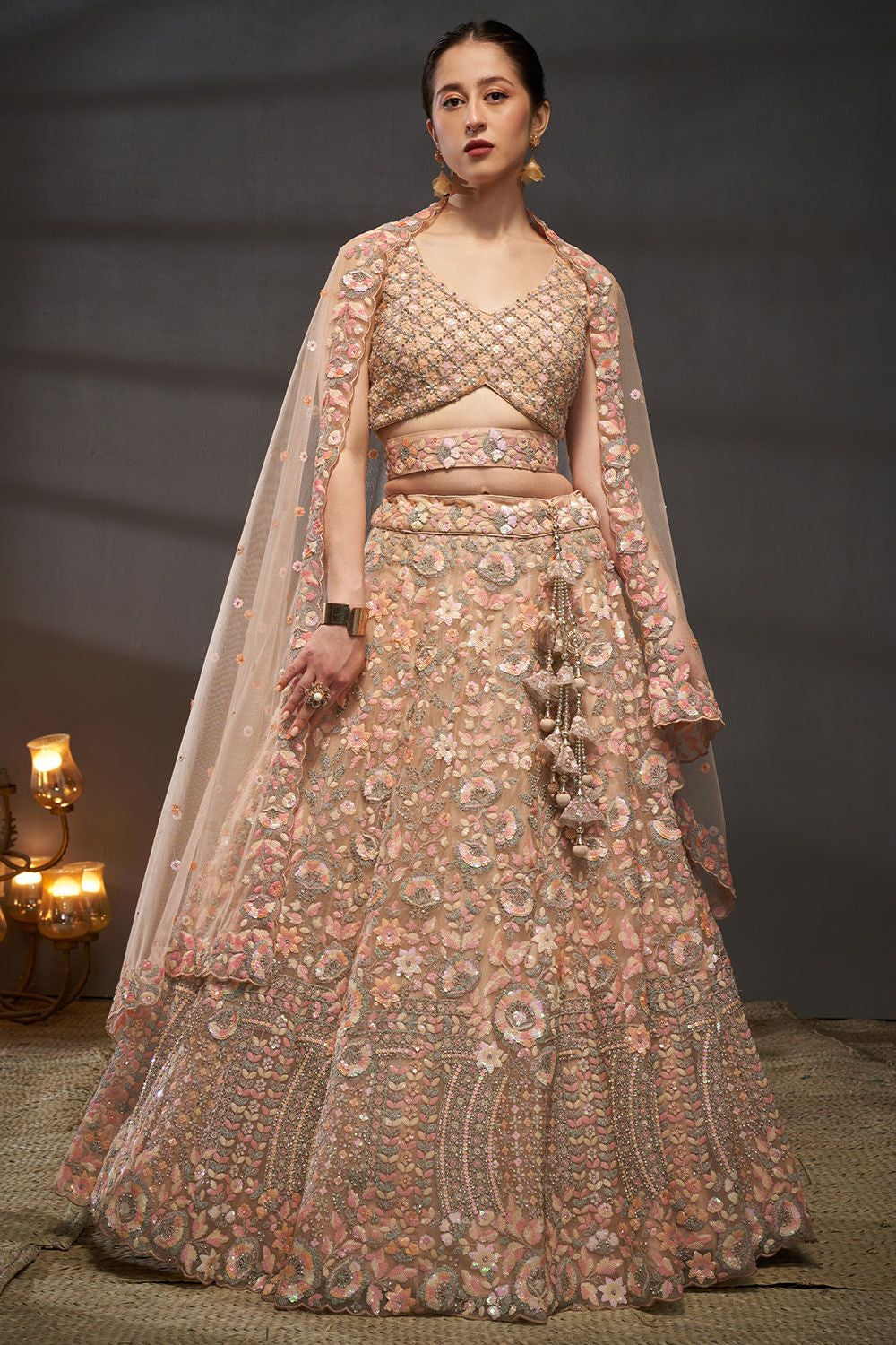 Peach Net Bridal Reception Lehenga Choli SFSA494902