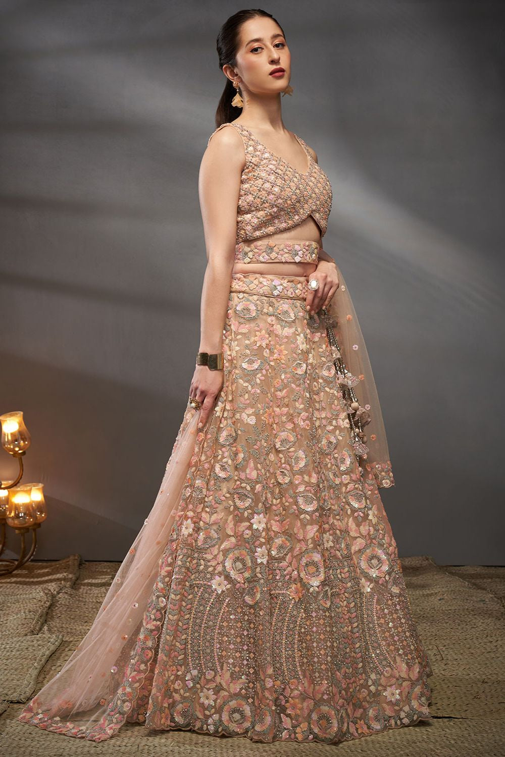 Peach Net Bridal Reception Lehenga Choli SFSA494902