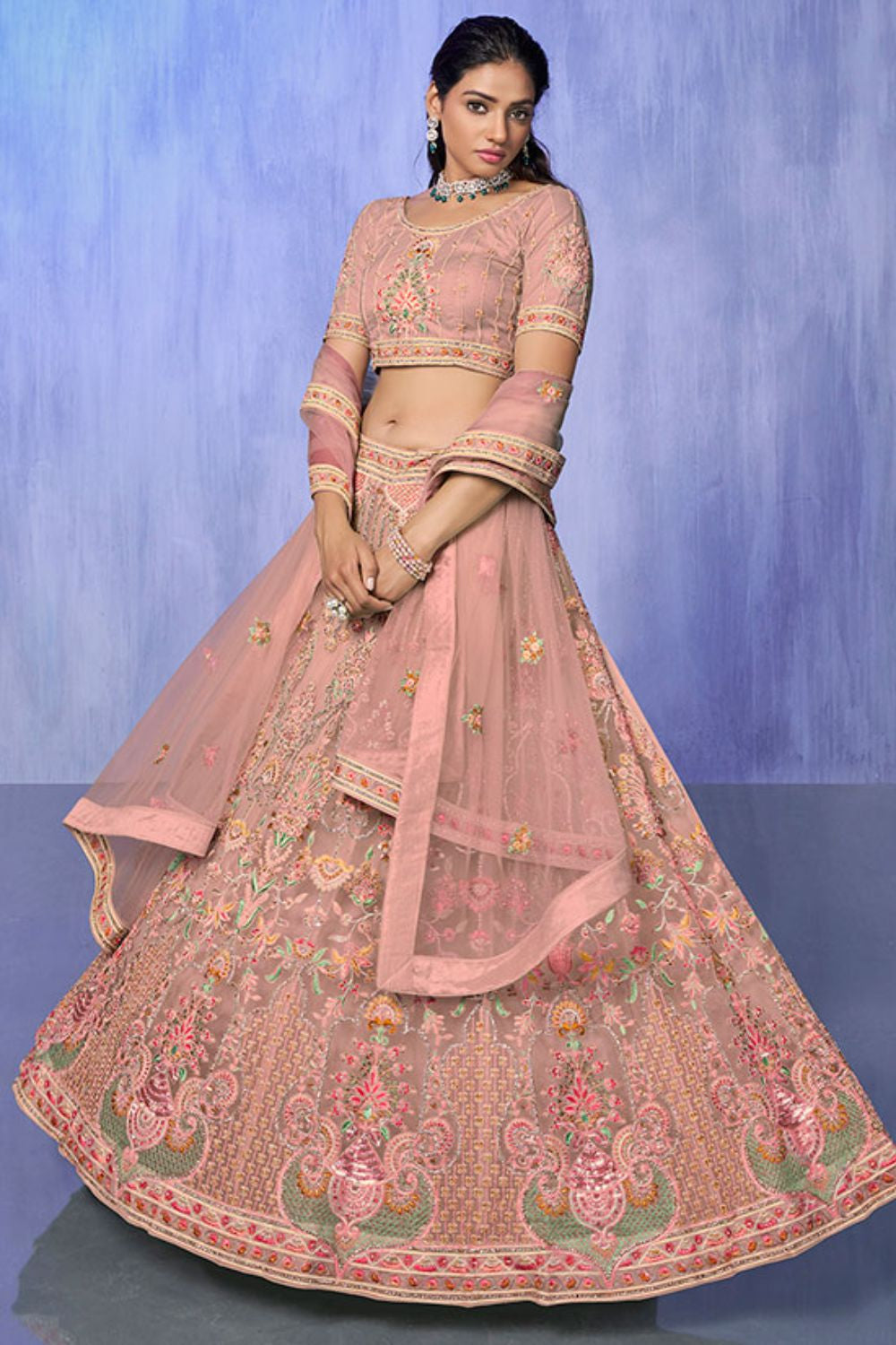 Peach Net Evening Reception Lehenga Choli SFARY19516