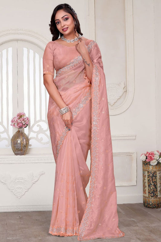 Peach Wedding Reception Cocktail Silk Sarees SFNRF59006