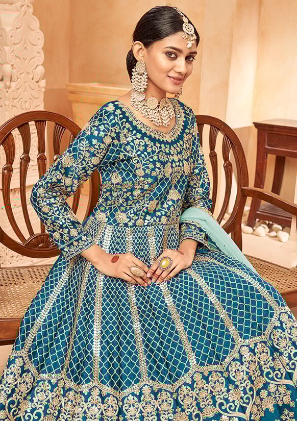 Blue Wedding Silk Designer Anarkali Suit Gown SFDFS23401