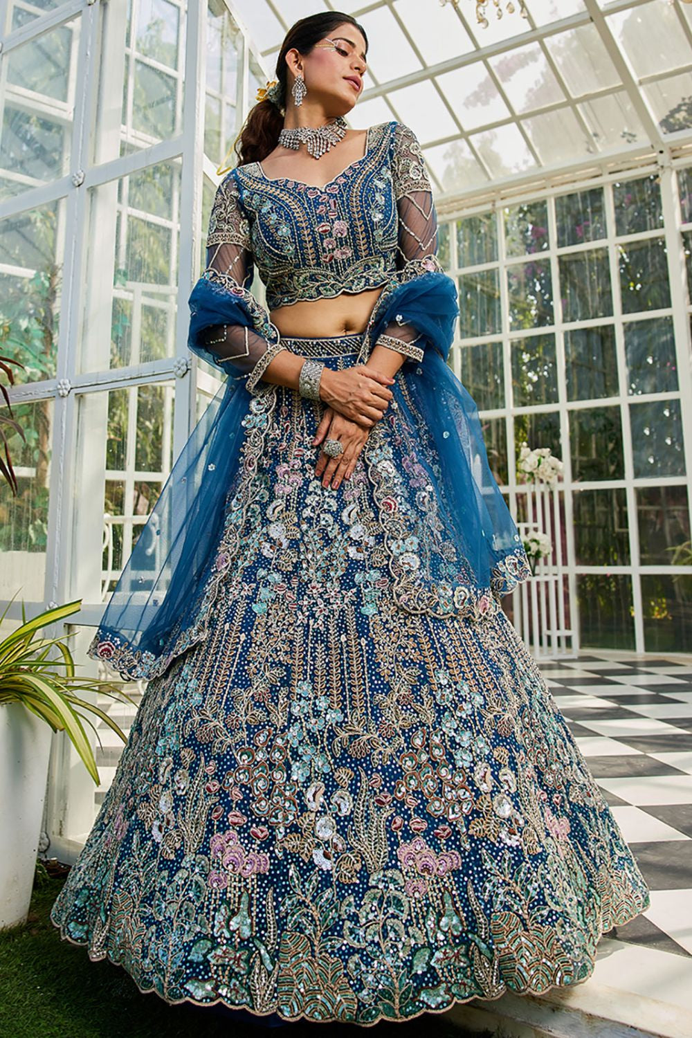 Blue Net Bridal Wedding Designer Lehenga SFROY509117