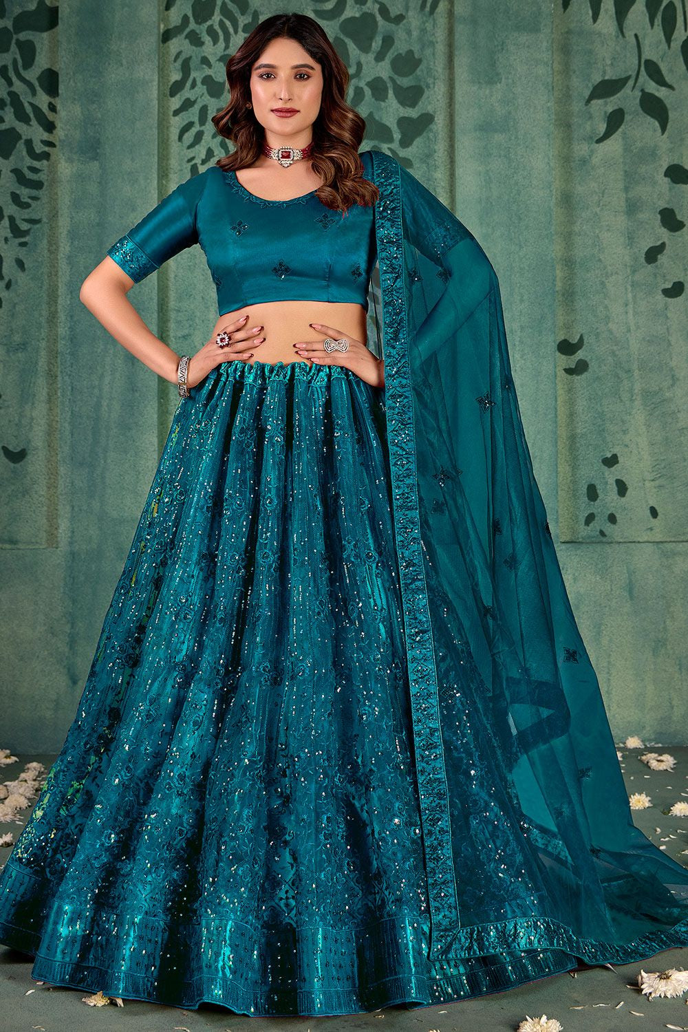 Blue Wedding Party Sangeet Net Lehenga Set SFYS143205