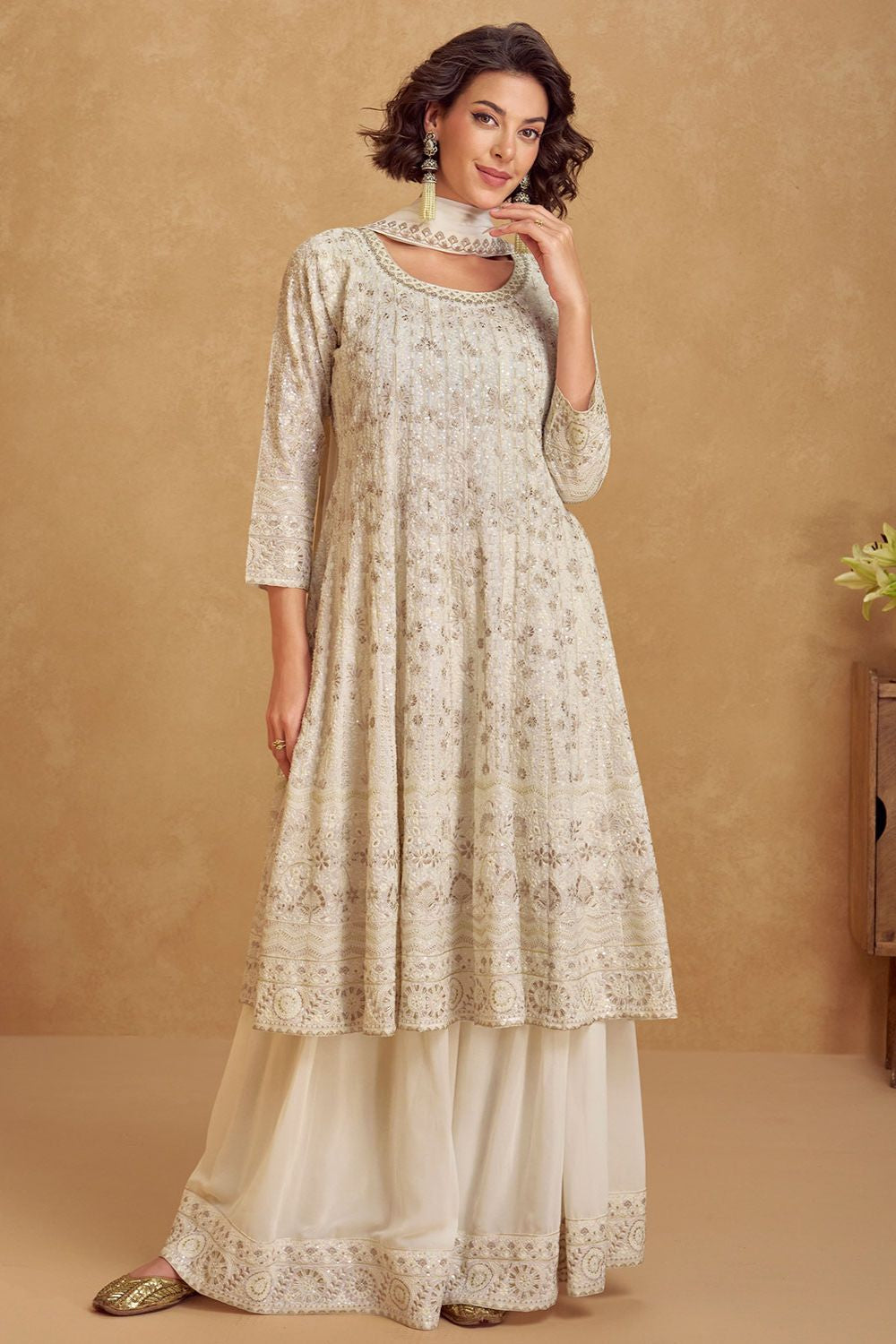 White Georgette Palazzo Suit With Sequins Embroidery SFYS152602R