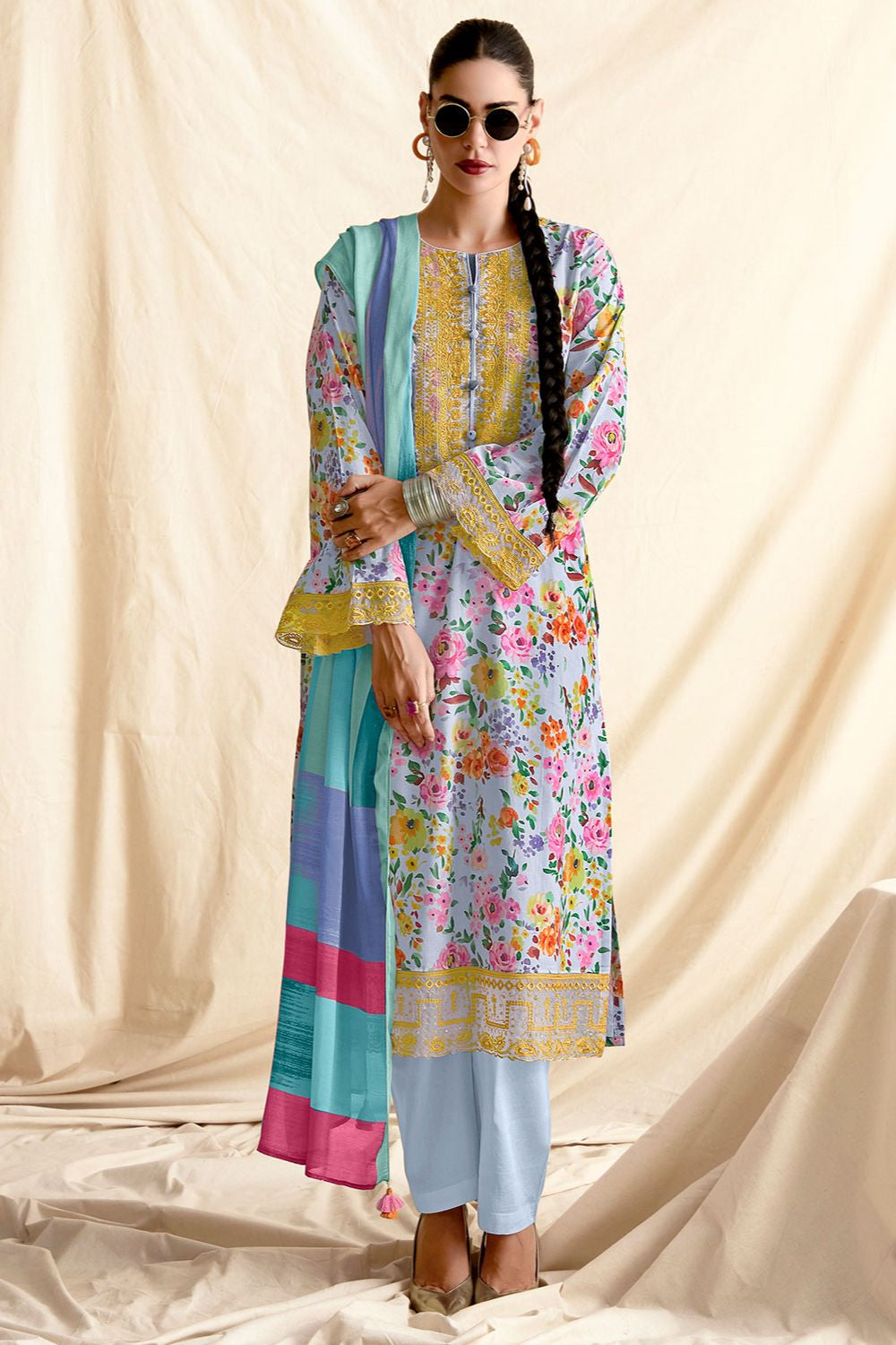 Blue Cotton Plus Size Salwar Kameez In Pure Lawn SFYS151003