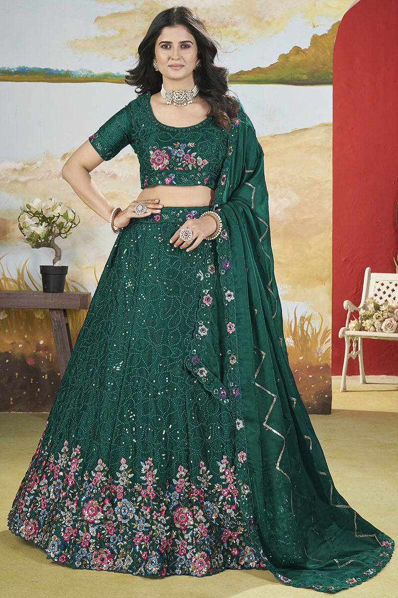 Green Chinnon Wedding Party Lehenga In Flower Pattern SFANJ2948