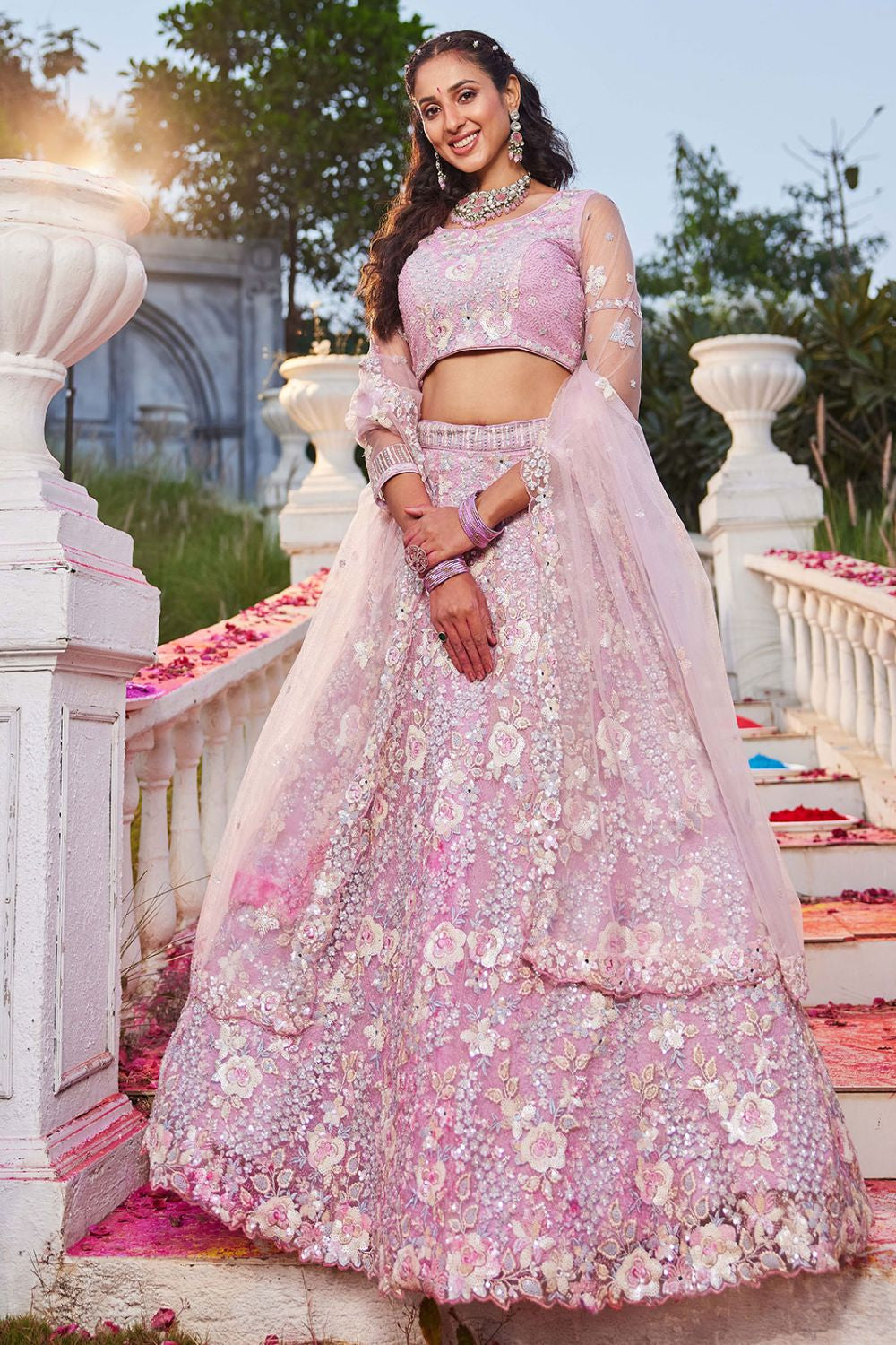 Pink Net Bridal Wedding Designer Lehenga Set SFROY509106