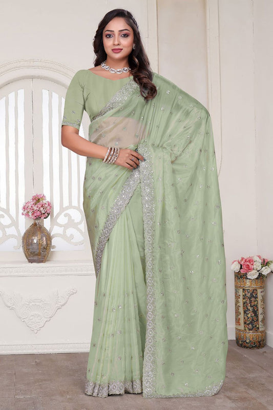 Green Wedding Reception Cocktail Silk Sarees SFNRF59005
