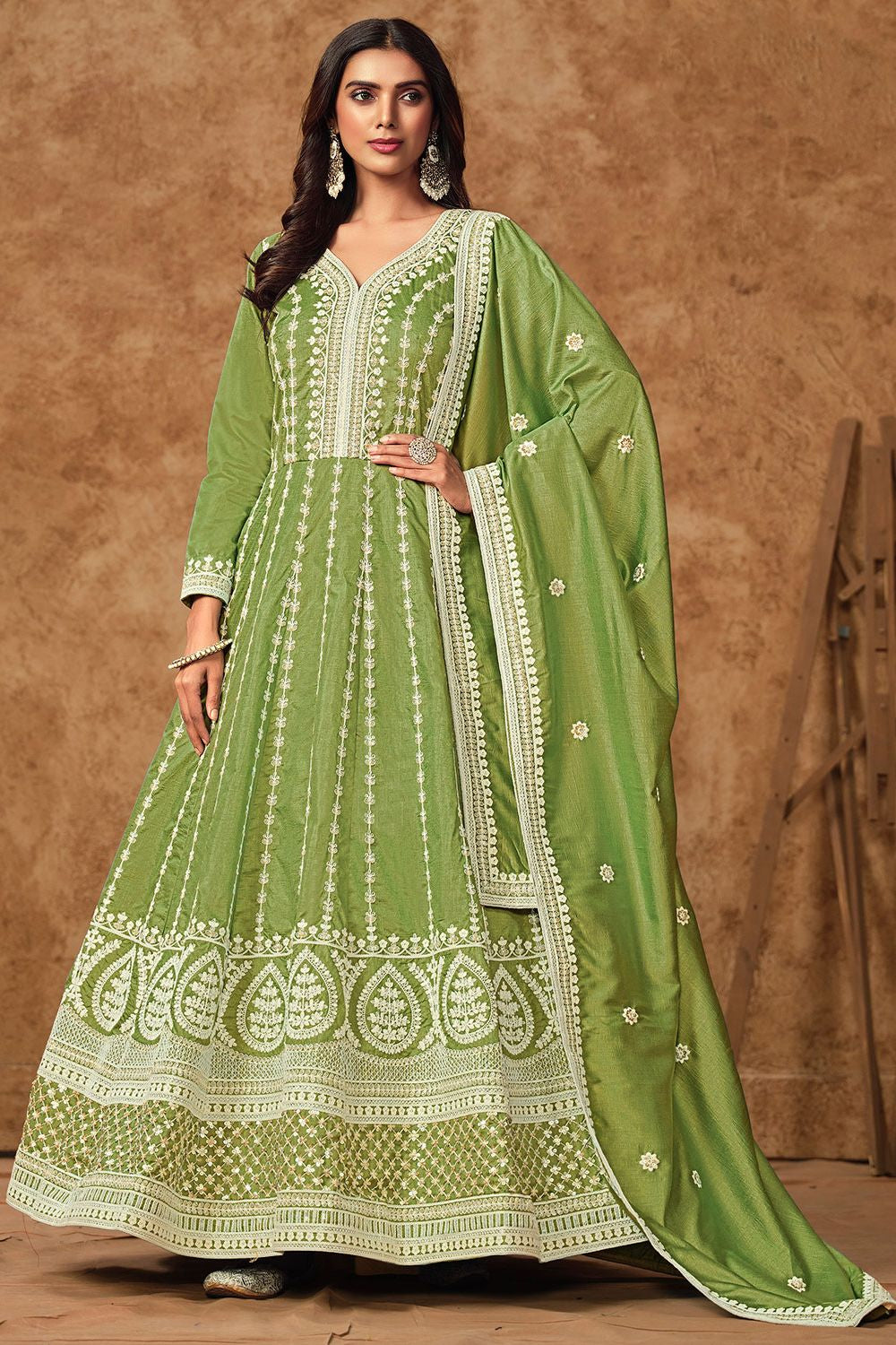 Green Dola Silk Anarkali Suit Sequins Embroidery Work SFDFS33402R