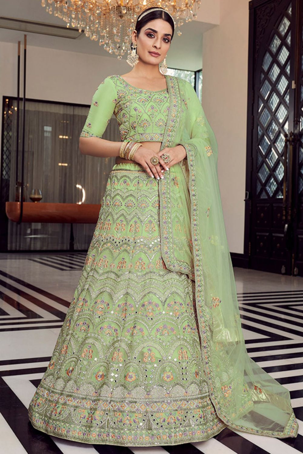 Green Bridal Sangeet Lehenga Choli In Organza SFARY12315