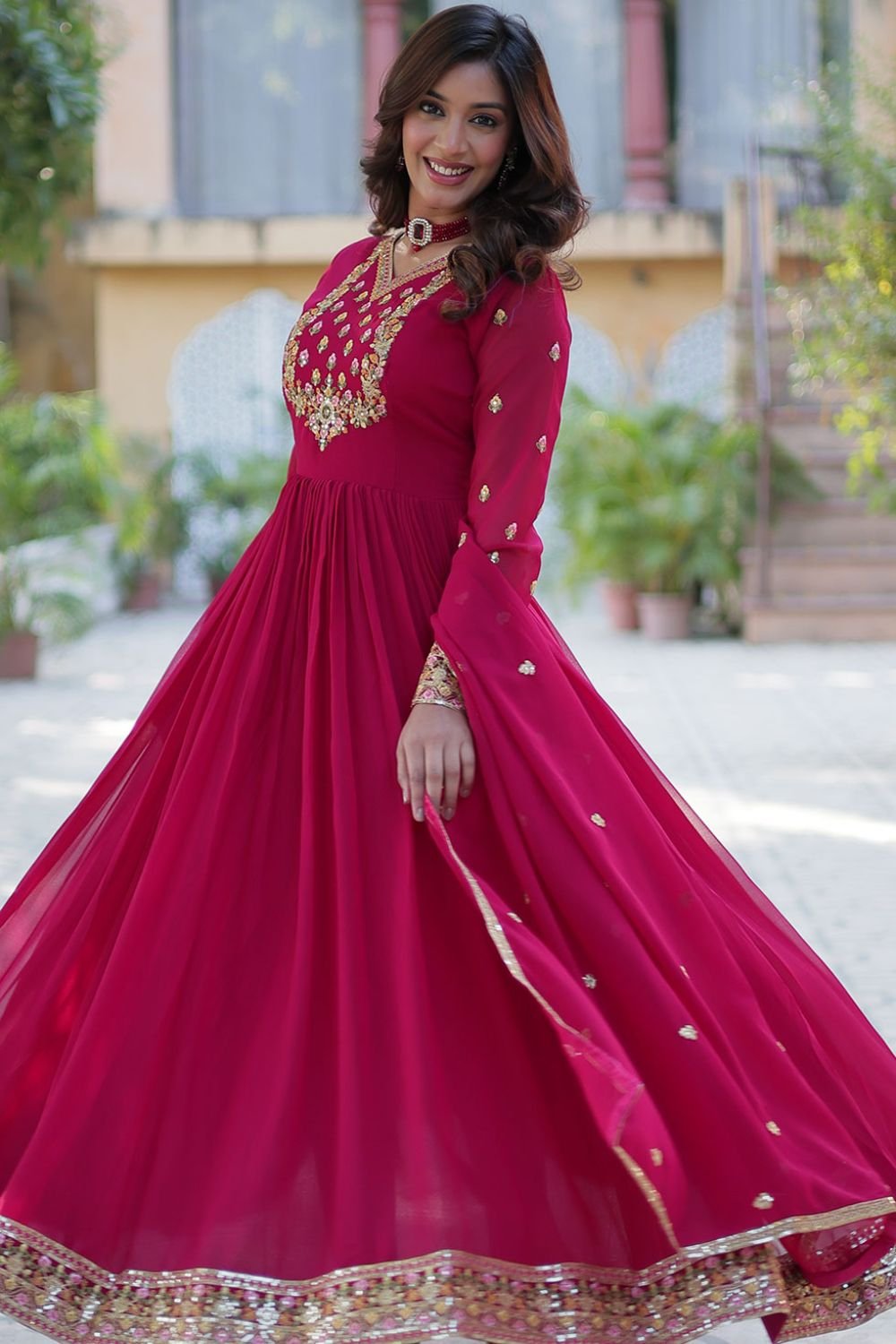 Pink Georgette Anarkali Gown With Sequin Work SFNPV57902R