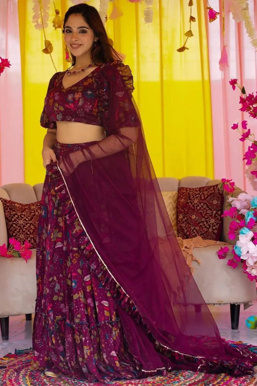 Magenta Printed Chinnon Lehenga Choli In Plus Size SFNPV65903R