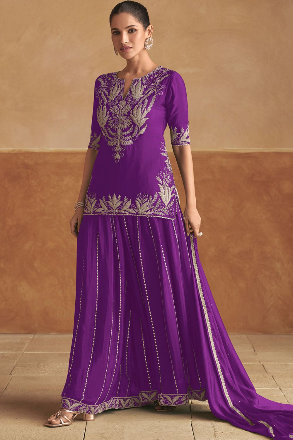 Purple Sangeet Party Lehenga Choli Set In Chinnon SFSMT40703