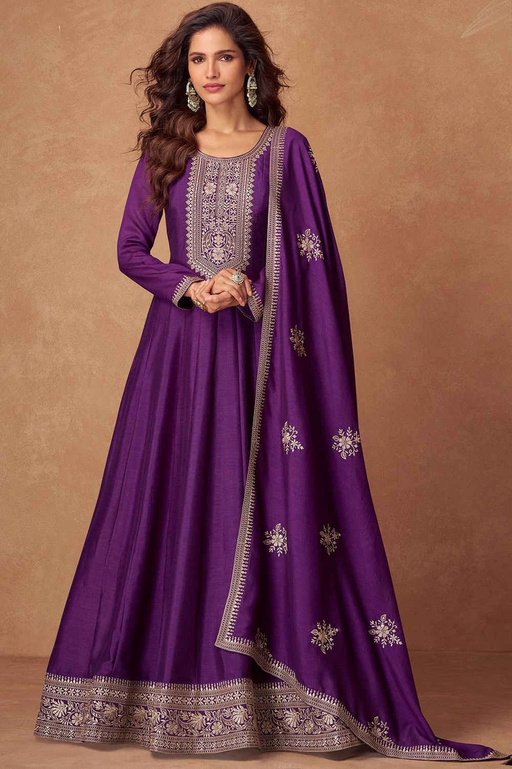 Purple Wedding Sangeet Silk Anarkali Suit SFSMT41402