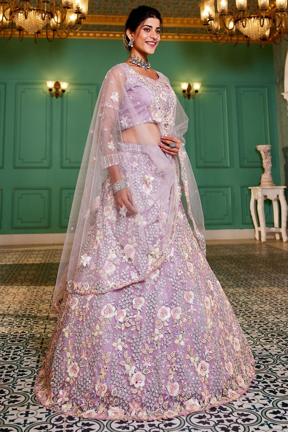 Purple Net Bridal Wedding Designer Lehenga Set SFROY509105