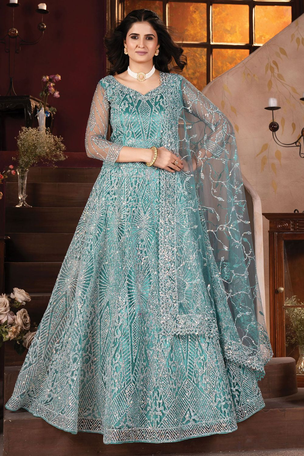 Blue Net Lehenga Choli With Zari And Resham Work SFRELS3804