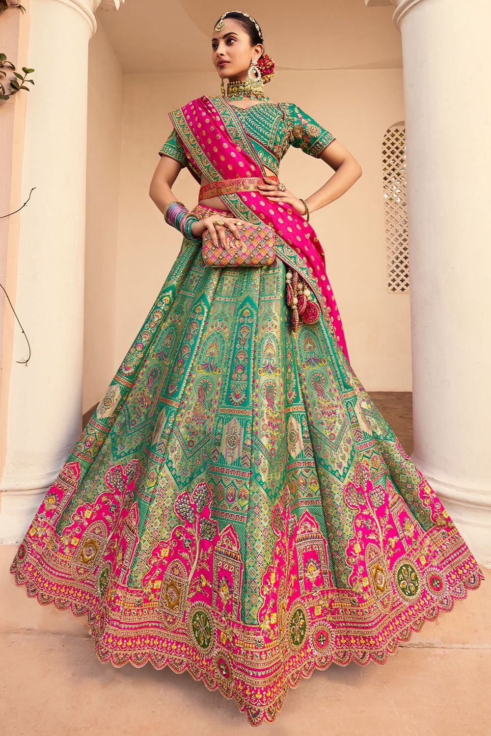 Green Banarasi Bridal Lehenga Choli In Zarkan Cut Work SFSJDN30802