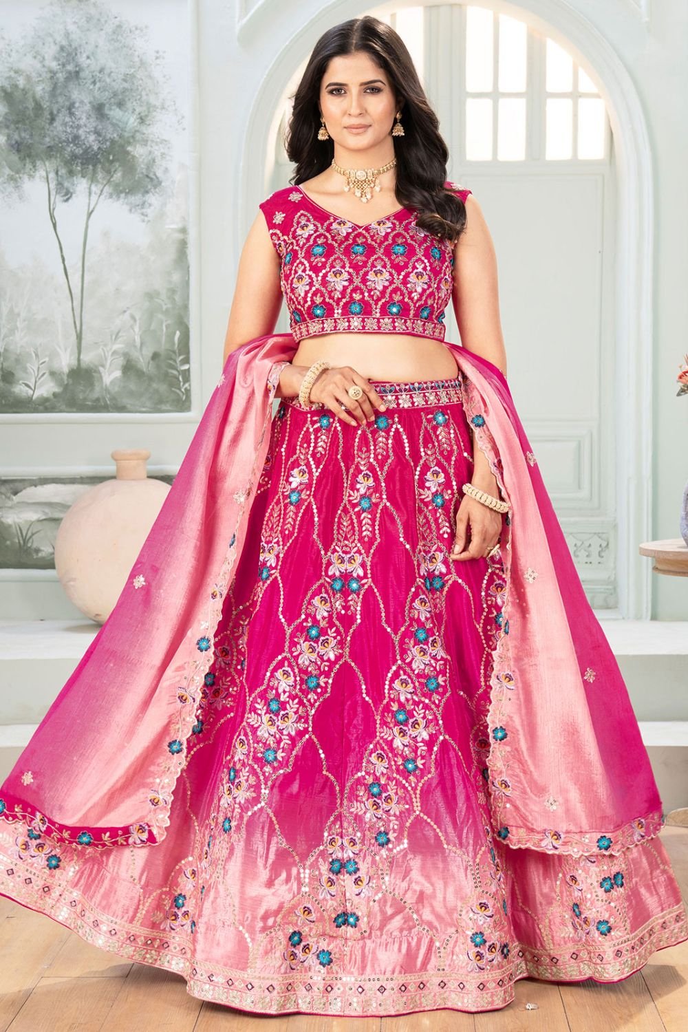 Pink Chinnon Lehenga Choli Party Lehenga SFRELS4601