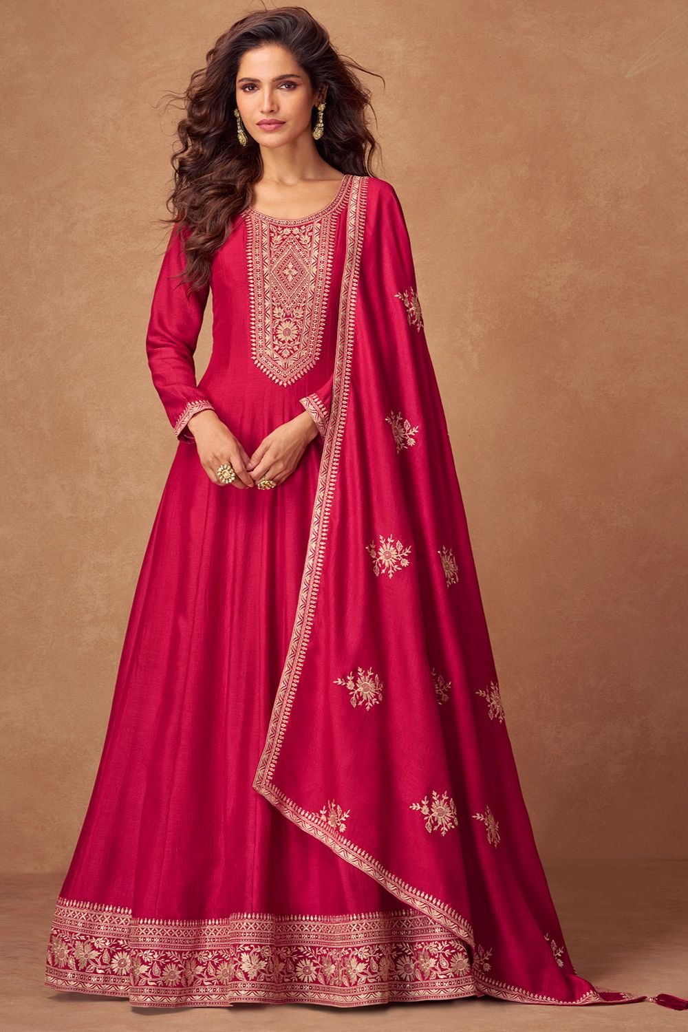 Pink Wedding Sangeet Silk Anarkali Suit SFSMT41403