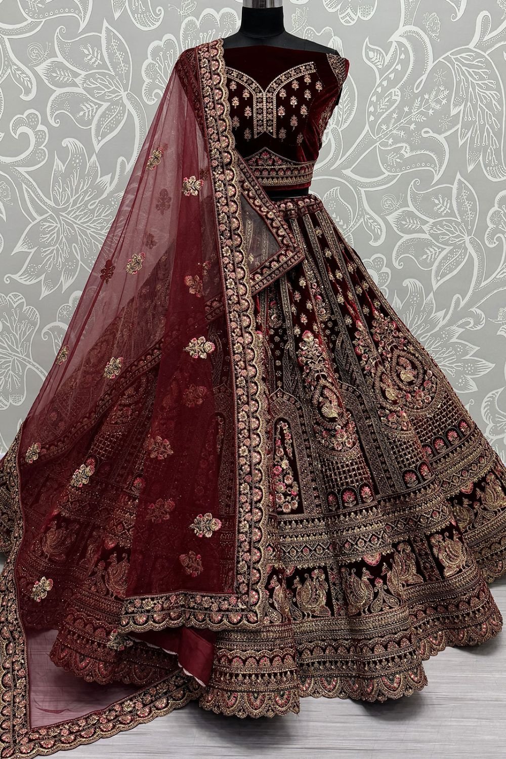 Red Refined Velvet Engagement Lehenga Choli SFANJ3012