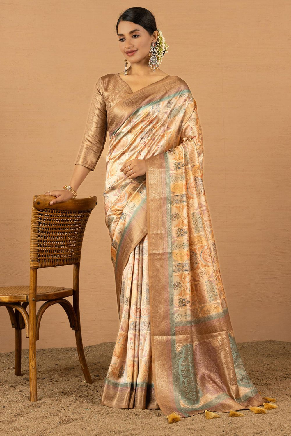 Beige Jacquard Silk Sarees For Partywear SFSDR1703