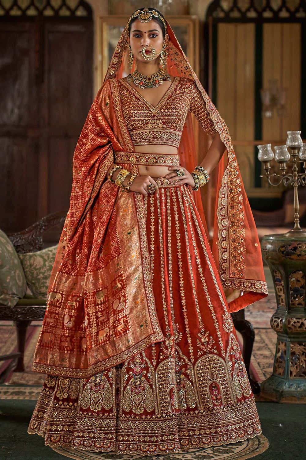 royal wedding orange dress Ivory & Orange Pure Silk Floral Lace Embroidery Renaissance Bridal Wedding Gown